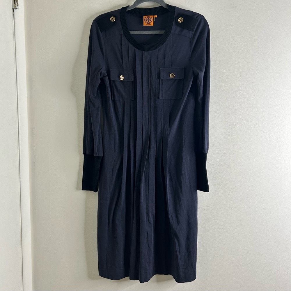 Tory Burch Dress Blue Gold Button Silk Cotton Blend Pleated Knee Length Size S